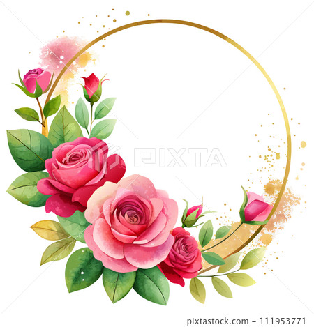round frame with pink roses pions in the glamour style, golden glitter watercolor illustration on white 111953771