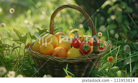 Wicker basket with fresh fruits on green grass in summer garden. 111953814