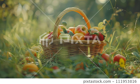 Wicker basket with ripe red and yellow apples on green grass in garden 111953816