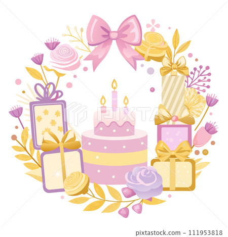 pastel colors frame with free place for text made from lot of birthday little cakes, candles, champagne 111953818