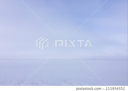 The image captures a vast, flat snow-covered landscape under a clear sky. The image captures a vast, flat snow-covered landscape under a clear sky. 111954352