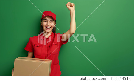 happy delivery woman in red uniform holding box and showing yes gesture on green background 111954514