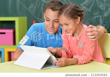 Portrait of brother and sister using tablet 111954583