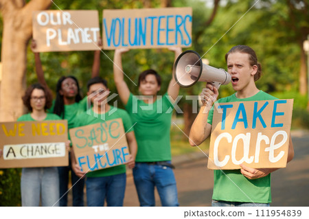 Group of activists encouraging others to be volunteers and care more about nature Group of activists encouraging others to be volunteers and care more about nature 111954839