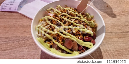 Japanese fusion rice bowl with toppings Japanese fusion rice bowl with toppings 111954955