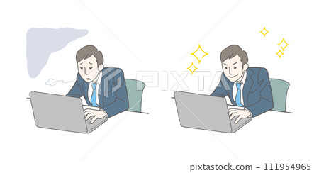 A young businessman in a suit working on a computer - fun/boring/comparison image 111954965