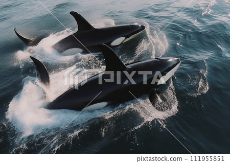 Aerial view of orcas gliding through sparkling ocean waters, pods of majestic killer whales 111955851