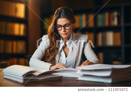 Professional female accountant meticulously examining financial records in busy firm 111955872