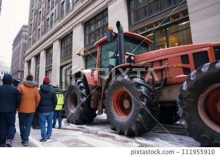 Tractors in row block traffic on city street, Farmers protest 111955910