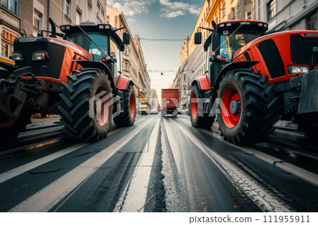 Tractors in row block traffic on city street, Farmers protest 111955911