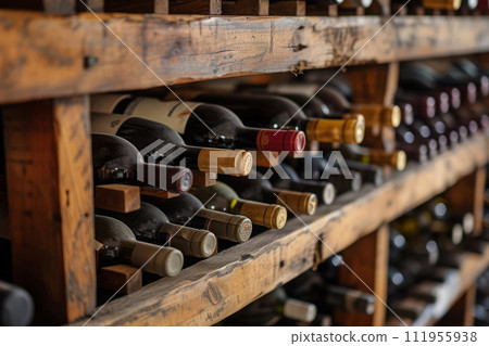Wine bottles stacked on wooden rack in cellar 111955938