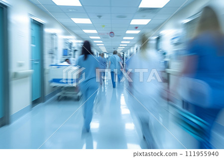 Doctors and medical staff walk down in hospital Doctors and medical staff walk down in hospital 111955940