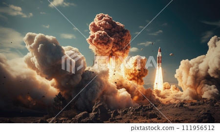 Launching a rocket with a lot of smoke and fire  111956512