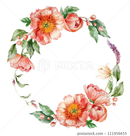 Watercolor wreath of flower bouquet with peonies, berries, leaves and buds. Hand painted floral card of wildflowers isolated on white background. Holiday Illustration for design, print or background. 111956655