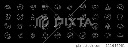 Beauty skin care eco bio icon pack set for patch, cream, mask cosmetic and beauty product, medical clinic, web, packaging. Vector stock illustration isolated on black background. Editable stroke.EPS10 111956961