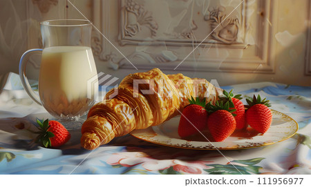 Breakfast with croissants, milk and strawberries on the table 111956977