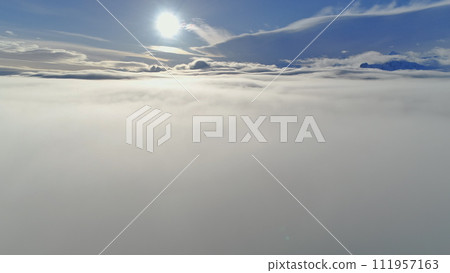 Antarctica Sunset Horizon Surface Fog Aerial View. Cloud Sky at Shackleton Mountain Landscape Panorama. Polar Sunrise over Panoramic Antarctic Nature Atmosphere Drone Flight Footage Shot in 4K (UHD) 111957163