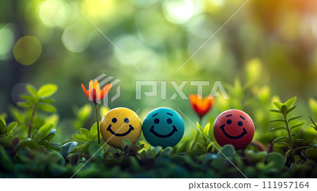 Colorful smiley face placed on the grass / AI generated 111957164