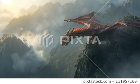 Red dragon spreading its wings on the cliff / AI generation 111957169