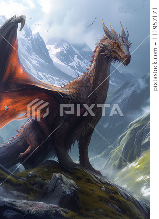 Illustration of a steep mountain and a beautiful dragon / AI generated 111957171