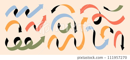 Arrows. Dynamic twist spiral lines, curve playful signs or quirky direction doodles, curvy cool pointer. Colorful swirl marker forms, pointing vector isolated elements for presentation Arrows. Dynamic twist spiral lines, curve playful signs or quirky direction doodles, curvy cool pointer. Colorful swirl marker forms, pointing vector isolated elements for presentation 111957270
