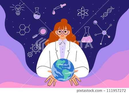 Woman scientist. Science girl technology in chemistry. Scientific research. Professional teacher job. Career in chemical laboratory. Chemist holding Earth planet. Vector flat concept Woman scientist. Science girl technology in chemistry. Scientific research. Professional teacher job. Career in chemical laboratory. Chemist holding Earth planet. Vector flat concept 111957272