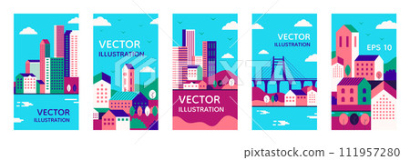 City landscape. Town buildings, simple geometric urban pattern with sky or skyline backdrop for social media. Skyscrapers, bridge and houses. Minimal scenery posters. Vector flat background City landscape. Town buildings, simple geometric urban pattern with sky or skyline backdrop for social media. Skyscrapers, bridge and houses. Minimal scenery posters. Vector flat background 111957280