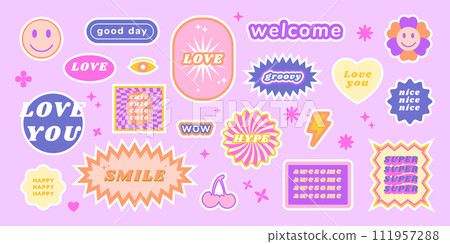 Y2K aesthetic stickers. Groovy logo. Retro art labels. Business SMM design template for digital marketing. Smile emoticon. Welcome symbols. Creative shapes. Vector abstract icons set Y2K aesthetic stickers. Groovy logo. Retro art labels. Business SMM design template for digital marketing. Smile emoticon. Welcome symbols. Creative shapes. Vector abstract icons set 111957288