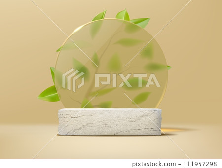 3d podium. Beige stone product for beauty cosmetic presentation, empty space for cream, scene with pedestal and marble platform stage, glass panel. Tropical palm leaf. Vector mockup 3d podium. Beige stone product for beauty cosmetic presentation, empty space for cream, scene with pedestal and marble platform stage, glass panel. Tropical palm leaf. Vector mockup 111957298