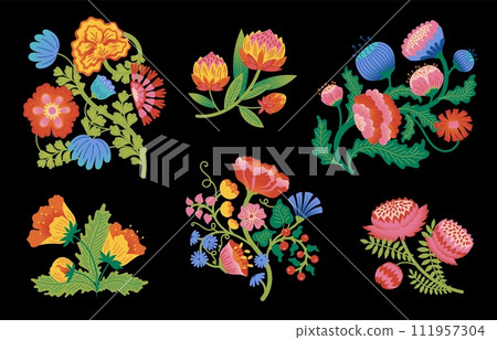 Folk motif. Exotic indian flowers, abstract summer floral colors, cute spring garden tree art, bright ornaments on black background. Ethnic colorful traditional vintage vector illustration 111957304