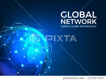 Global network. World globe technology, internet business connect, worldwide tech communication. Planet earth, online connection, international satellite. Vector abstract networking background 111957314