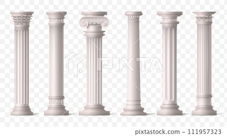 Greek pillars. Roman ancient columns from 3d marble greece temple, antique corinthian sculpture. Classic colonnade with carved stone. Vector isolated on transparent background illustration 111957323