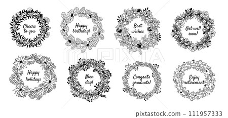 Flower wreath. Floral black and white leaf frame isolated elements for posters and wedding invitations decor, spring botanical doodle phrases. Elegant design. Vector vintage cards Flower wreath. Floral black and white leaf frame isolated elements for posters and wedding invitations decor, spring botanical doodle phrases. Elegant design. Vector vintage cards 111957333