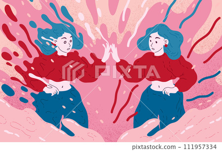 Self aware. Accept yourself. Girls consciousness. Psychology person. Woman know and find unconscious mind. Female meeting with shadow. Psychological introspection. Vector illustration 111957334