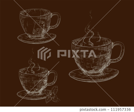Tea cup sketch style drawing. Porcelain mug on plate, leaves and pyramid teabag. Morning breakfast drinks, mint leaves. Antioxidant beverage. Hot drink utensil. Hand drawn vector illustration 111957336