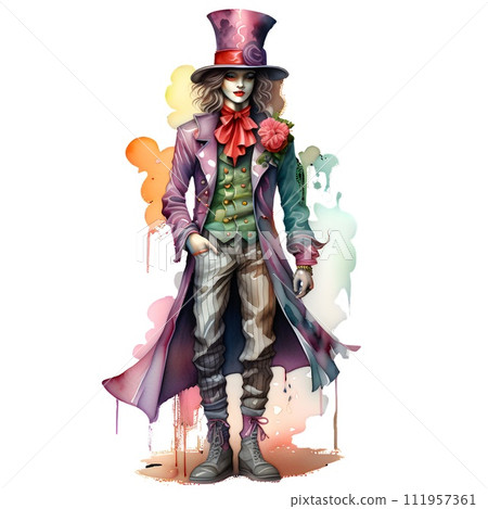 Watercolor portrait of the mad hatter. We are all mad here. Design for baby shower party, birthday,cake, greetings card, invitation. Watercolor illustration of an old rusty elements. Decorative print. 111957361