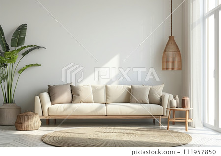 Stylish and Scandinavian interior of a living room of a modern apartment with a beige sofa Stylish and Scandinavian interior of a living room of a modern apartment with a beige sofa 111957850