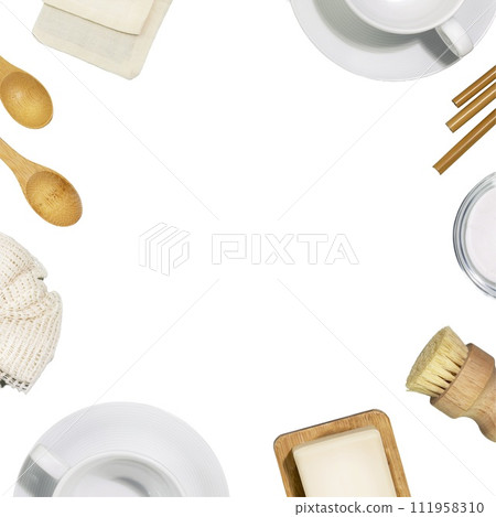 Zero waste kitchen cleaning concept. Eco friendly still life with dishes, bamboo dish brushes, natural cleaning products and accessories on transparent background. No plastic, eco-friendly lifestyle 111958310