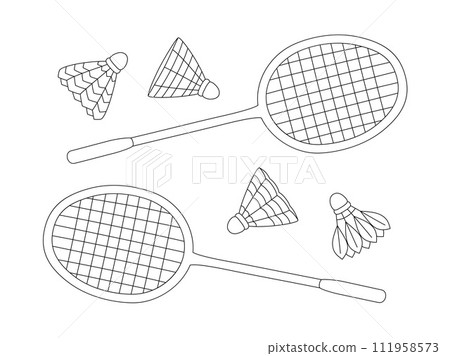 Badminton rackets and different shuttlecocks in line style. Badminton sport game equipment. Vector illustration isolated on white background. Badminton rackets and different shuttlecocks in line style. Badminton sport game equipment. Vector illustration isolated on white background. 111958573