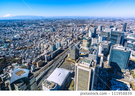 Yokohama cityscape in Japan, overlooking Yokohama Station, Mt. Fuji, Minato Mirai office buildings, etc. 111958839