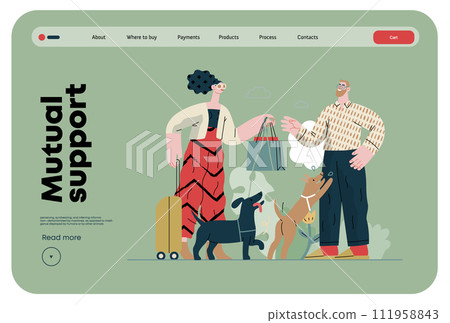 Mutual Support: Pet-sitting -modern flat vector concept illustration of a woman going on vacation leaving her dogs with neighbor. A metaphor of voluntary, collaborative exchanges of resource, services Mutual Support: Pet-sitting -modern flat vector concept illustration of a woman going on vacation leaving her dogs with neighbor. A metaphor of voluntary, collaborative exchanges of resource, services 111958843