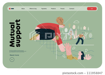Mutual Support: Save a drowning person -modern flat vector concept illustration of woman reaching out to drowning woman A metaphor of voluntary, collaborative exchanges of resource, services 111958847