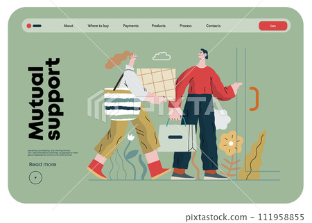 Mutual Support: Door Holding - modern flat vector concept illustration of woman carrying heavy box and man holding door for her. A metaphor of voluntary, collaborative exchanges of resource, services Mutual Support: Door Holding - modern flat vector concept illustration of woman carrying heavy box and man holding door for her. A metaphor of voluntary, collaborative exchanges of resource, services 111958855