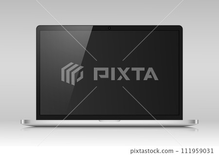 Realistic laptop layout with a black screen and reflection on a gray gradient background. 111959031