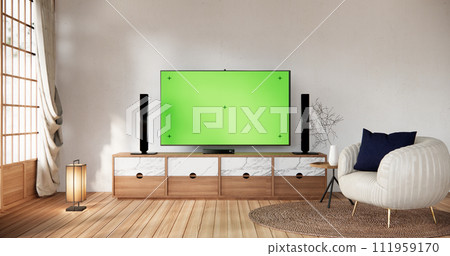 Smart Tv Mockup with blank green screen hanging in modern white empty room interior minimal designs. 111959170