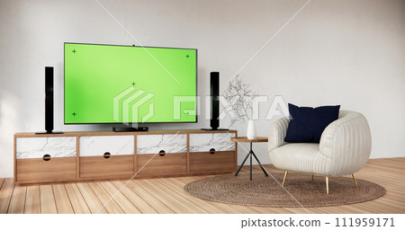 Smart Tv Mockup with blank green screen hanging in modern white empty room interior minimal designs. Smart Tv Mockup with blank green screen hanging in modern white empty room interior minimal designs. 111959171