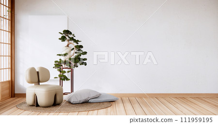 Interior mock up with armchair in japanese living room with empty wall. Interior mock up with armchair in japanese living room with empty wall. 111959195