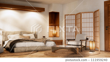 Minimalist wabisabi interior mock up with zen bed plant and decoartion in japanese bedroom. Minimalist wabisabi interior mock up with zen bed plant and decoartion in japanese bedroom. 111959240