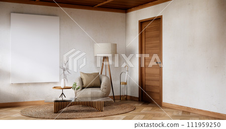 Interior mock up with armchair in japanese living room with empty wall. 111959250
