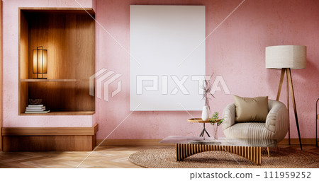 Interior mock up with armchair in japanese living room with empty wall. Interior mock up with armchair in japanese living room with empty wall. 111959252